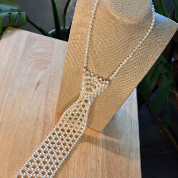 Vintage Jewelry - Vintage Hong Kong Collar Statement Necklace Faux Pearl Bead Necktie Tie